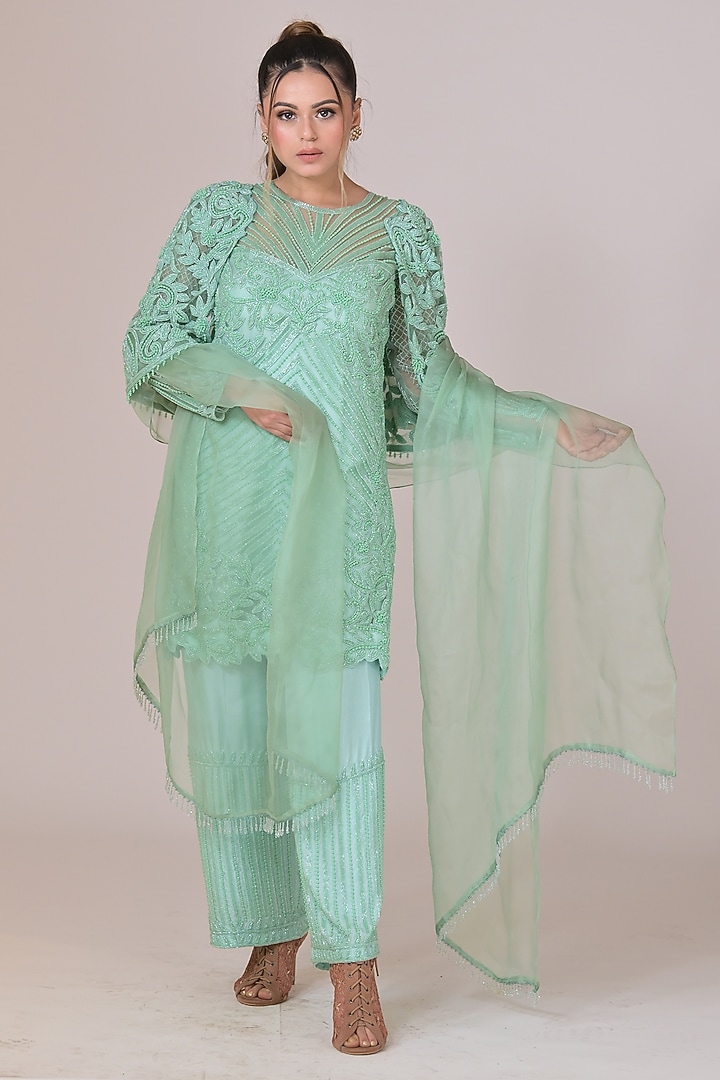 Mint Green Silk Cutdana Embellished Kurta Set by La Pearl at Pernia's Pop Up Shop