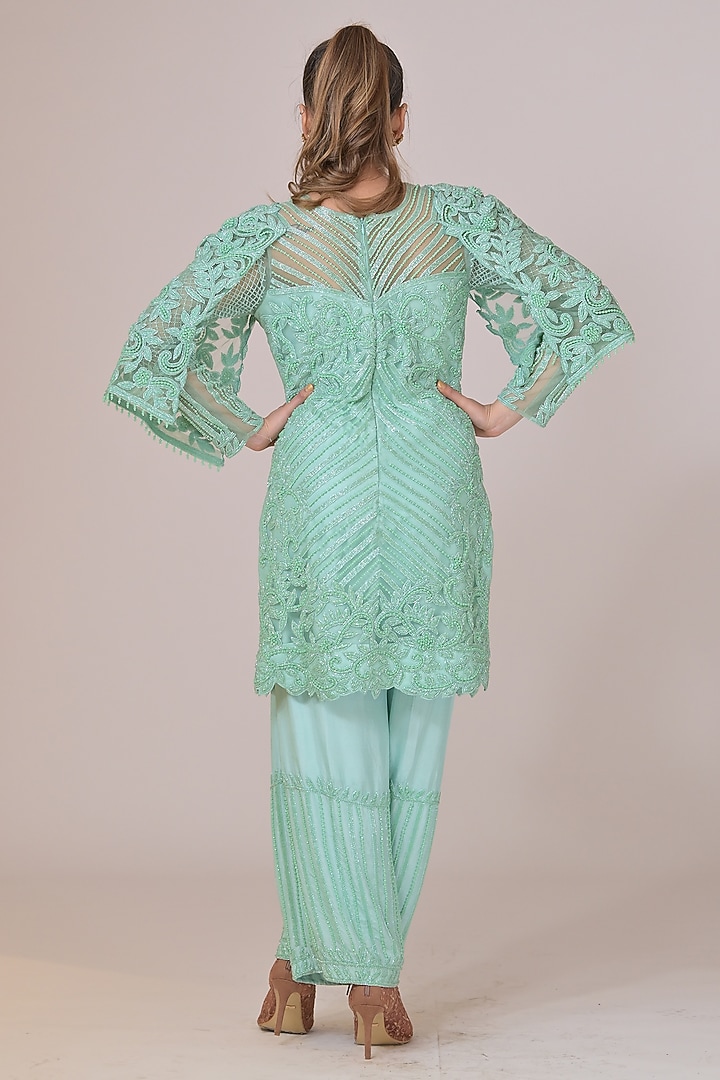 Mint Green Silk Cutdana Embellished Kurta Set by La Pearl at Pernia's Pop Up Shop
