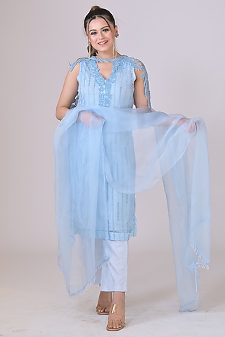 Ice Blue Organza Handwork Kurta Set by La Pearl