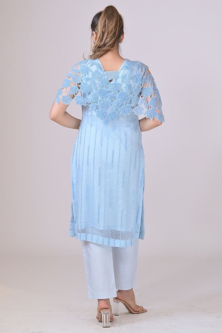 Ice Blue Organza Handwork Kurta Set by La Pearl at Pernia's Pop Up Shop