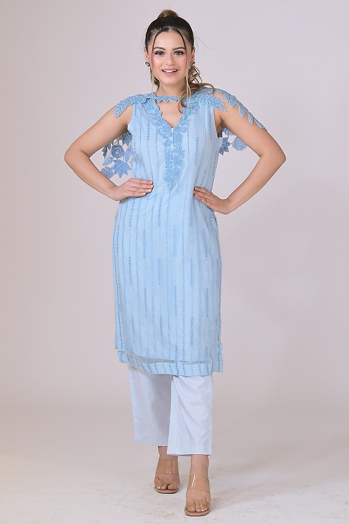 Ice Blue Organza Handwork Kurta Set by La Pearl at Pernia's Pop Up Shop