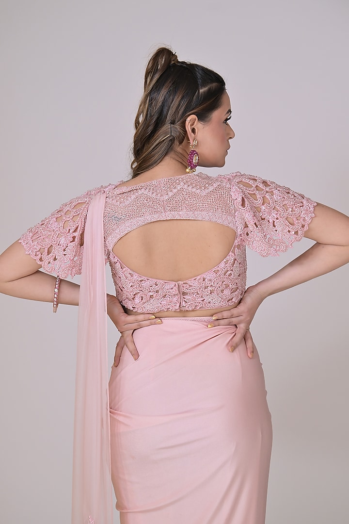 Peach Peach Draped Wedding Saree Set by La Pearl at Pernia's Pop Up Shop