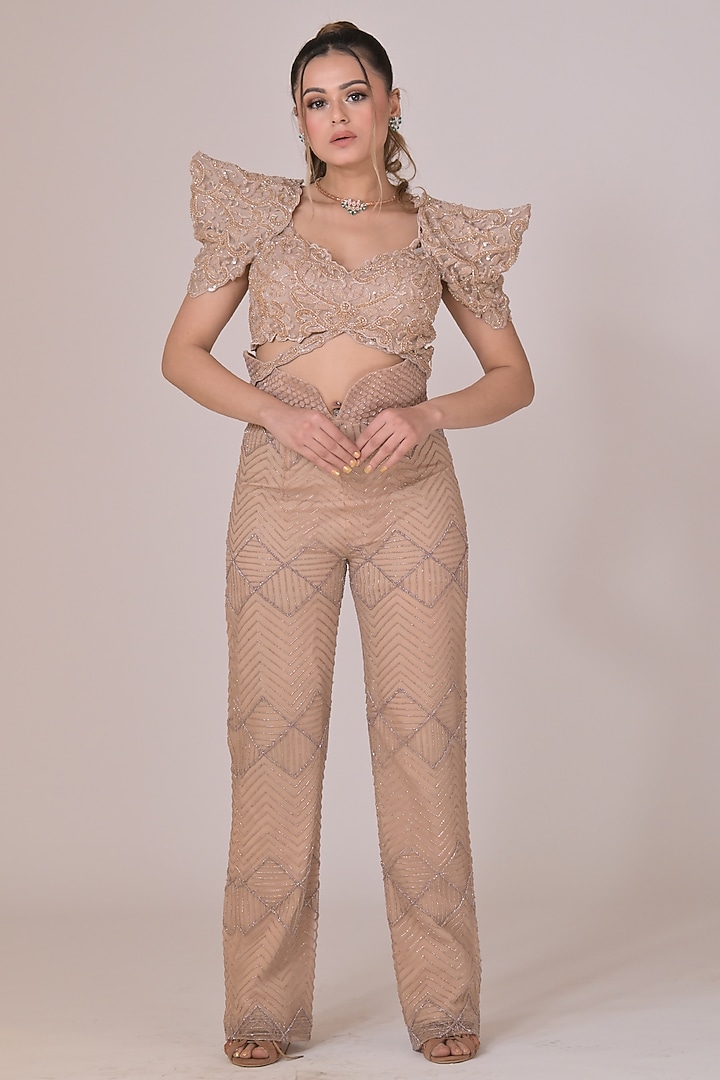 Beige Crepe Handwork Co-Ord Set by La Pearl at Pernia's Pop Up Shop