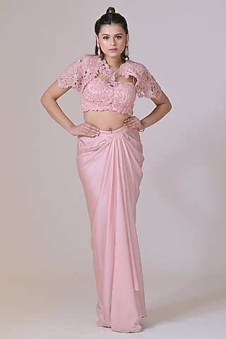 Pink Lycra Draped Skirt Set by La Pearl