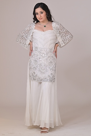 White Georgette Sharara Set by La Pearl
