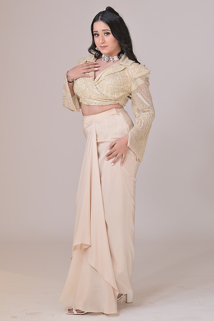 Ivory Crepe Draped Skirt Set by La Pearl at Pernia's Pop Up Shop
