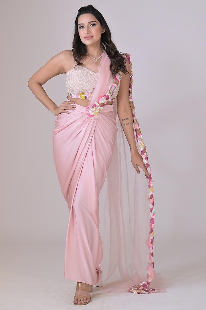 Pink Lycra Draped Skirt Wedding Saree Set by La Pearl at Pernia's Pop Up Shop