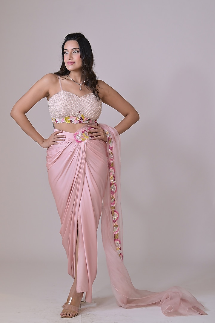 Pink Lycra Draped Skirt Wedding Saree Set by La Pearl at Pernia's Pop Up Shop