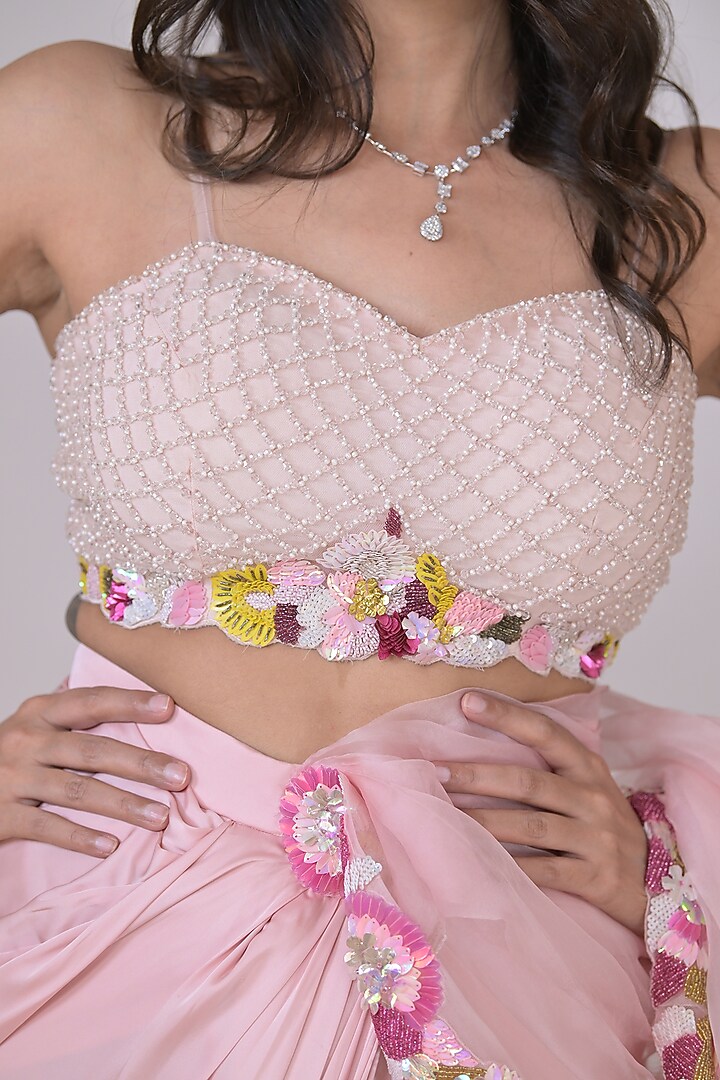 Pink Lycra Draped Skirt Wedding Saree Set by La Pearl at Pernia's Pop Up Shop