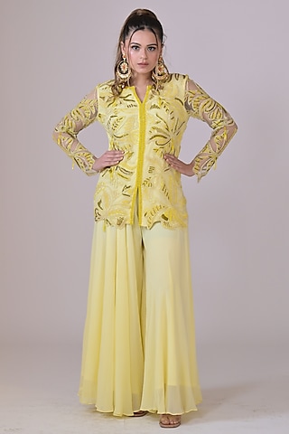 Lemon Yellow Georgette Sharara Set by La Pearl