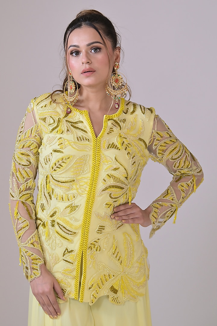 Lemon Yellow Georgette Wedding Sharara Set by La Pearl at Pernia's Pop Up Shop