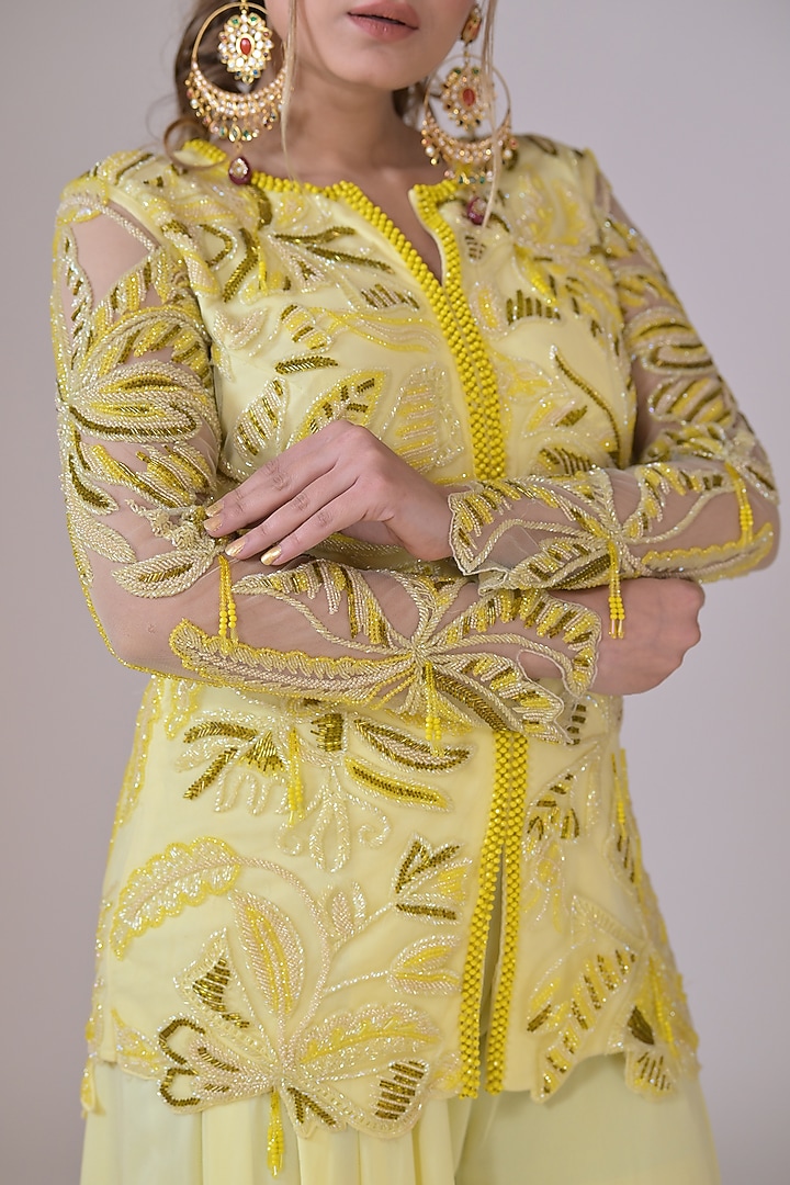 Lemon Yellow Georgette Wedding Sharara Set by La Pearl at Pernia's Pop Up Shop