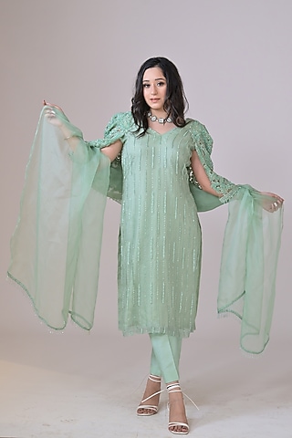 Light Green Organza Handwork Kurta Set by La Pearl