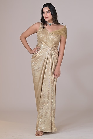 Golden Georgette Floral & Cutdana Embellished Gown by La Pearl