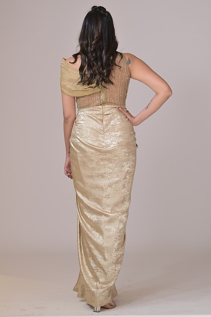 Golden Georgette Floral & Cutdana Embellished Engagement Gown by La Pearl at Pernia's Pop Up Shop