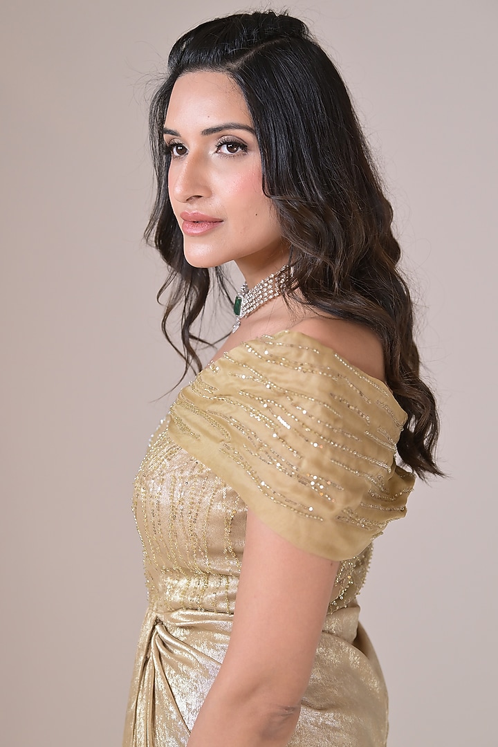 Golden Georgette Floral & Cutdana Embellished Engagement Gown by La Pearl at Pernia's Pop Up Shop