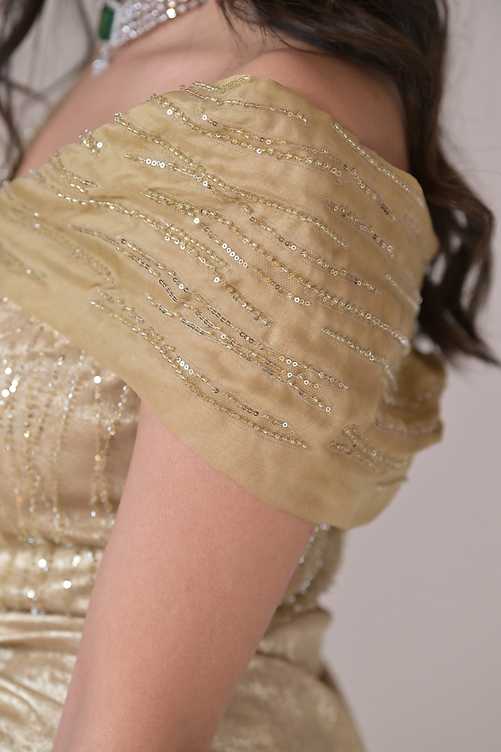 Golden Georgette Floral & Cutdana Embellished Engagement Gown by La Pearl at Pernia's Pop Up Shop