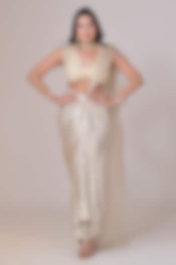 Ivory Shimmer Georgette Draped Wedding Saree Set by La Pearl at Pernia's Pop Up Shop