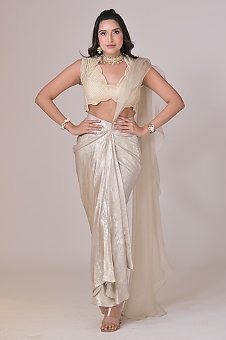Ivory Shimmer Georgette Draped Saree Set by La Pearl