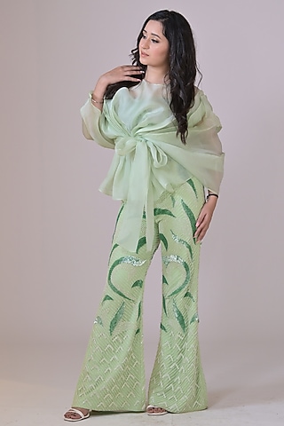 Light Green Organza Draped Co-Ord Set by La Pearl