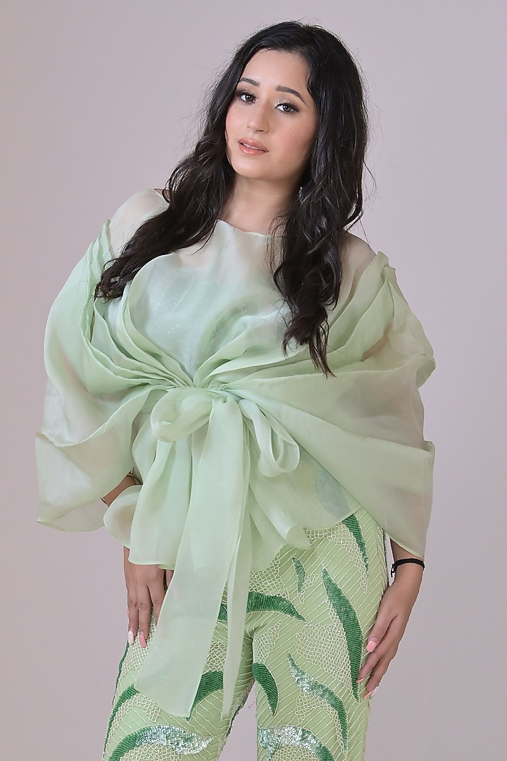 Light Green Organza Draped Co-Ord Set by La Pearl at Pernia's Pop Up Shop