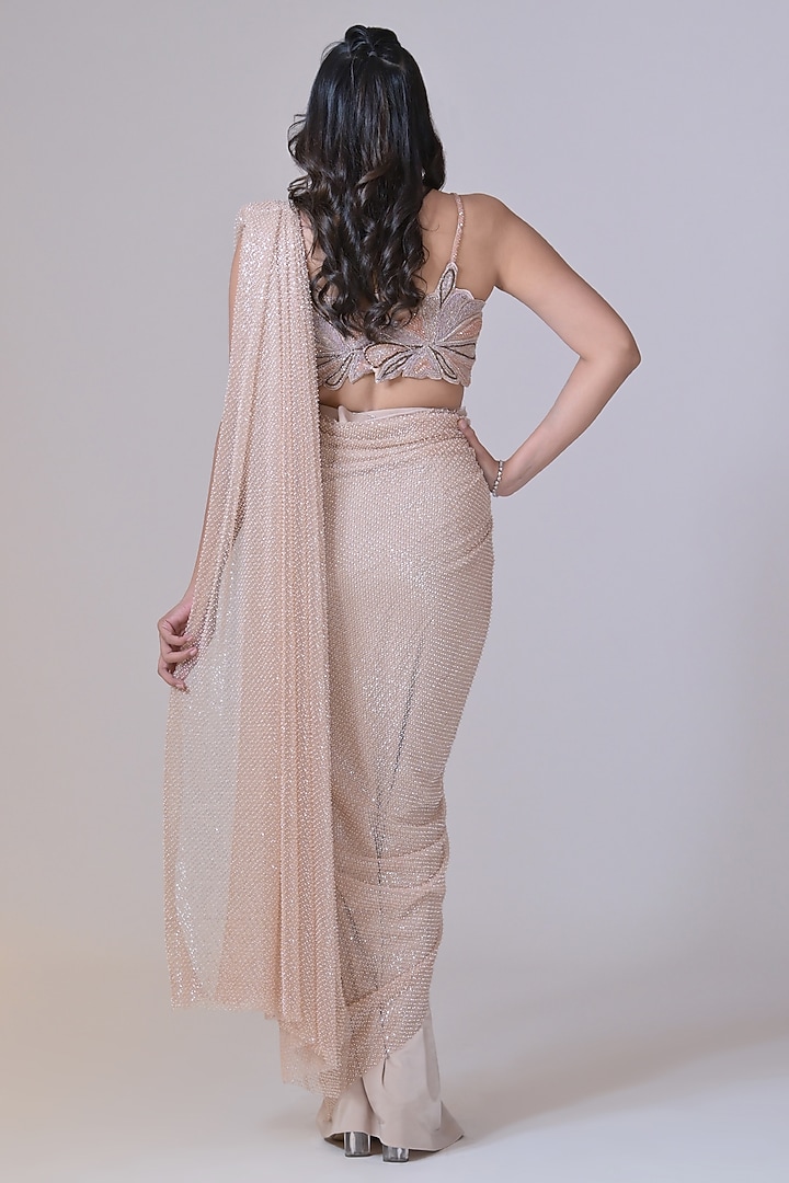 Beige Lycra & Net Cutdana Work Draped Wedding Saree Set by La Pearl at Pernia's Pop Up Shop