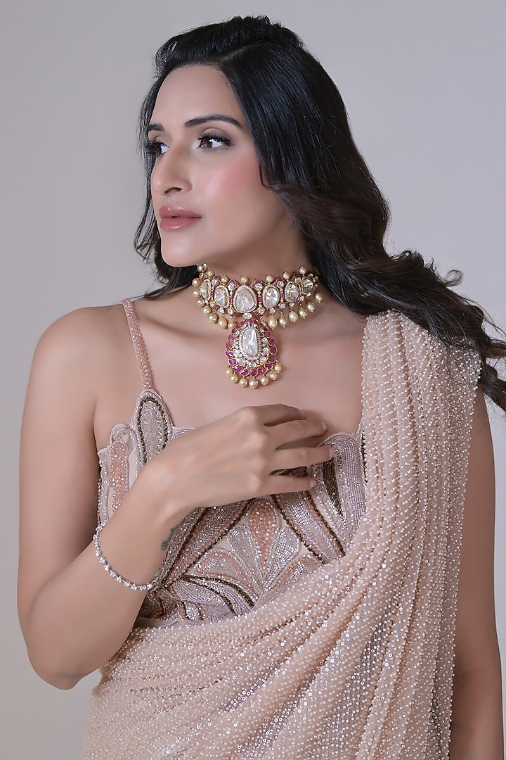 Beige Lycra & Net Cutdana Work Draped Wedding Saree Set by La Pearl at Pernia's Pop Up Shop