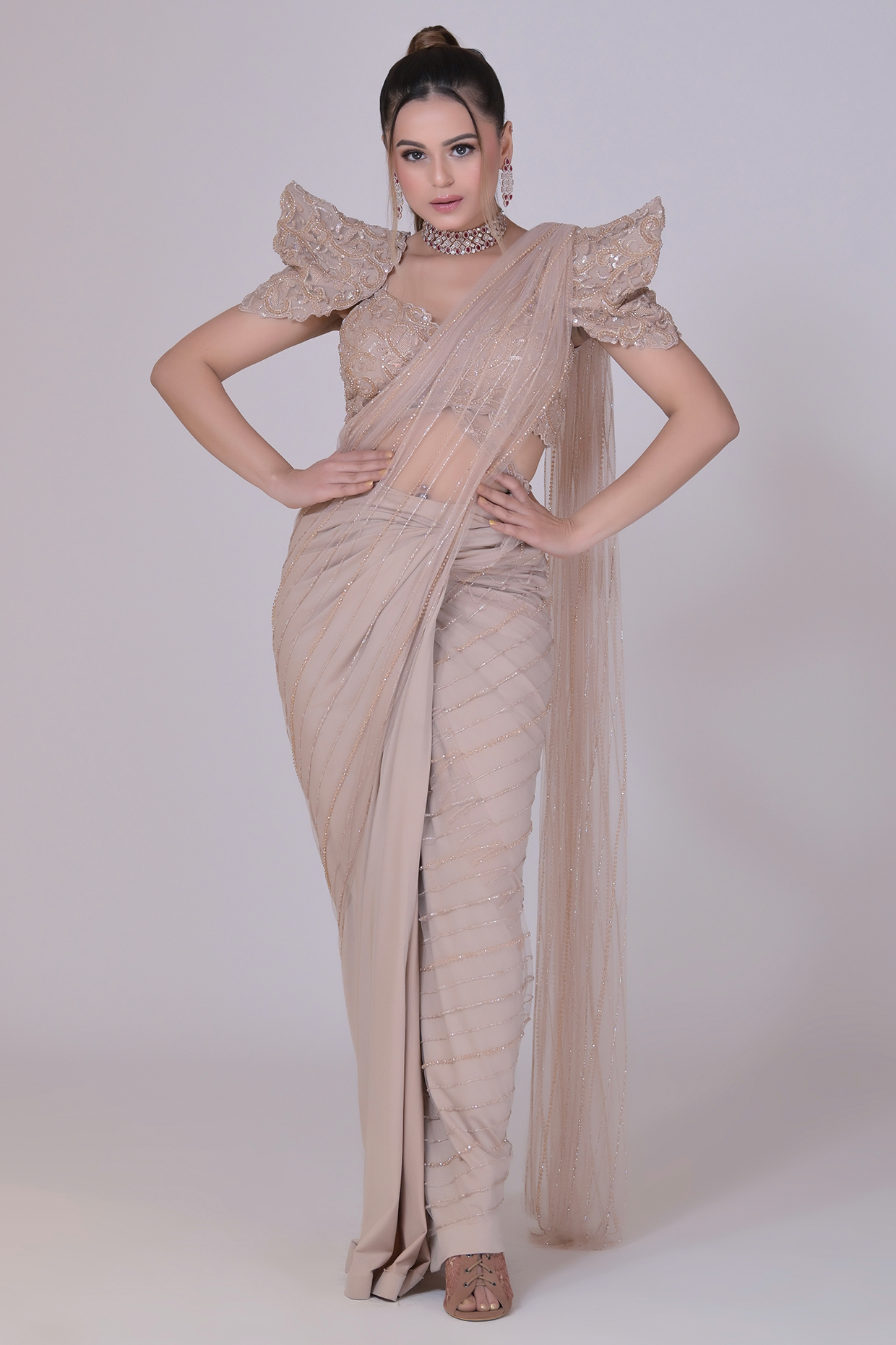 Beige Lycra & Net Cutdana Work Draped Wedding Saree Set by La Pearl at Pernia's Pop Up Shop