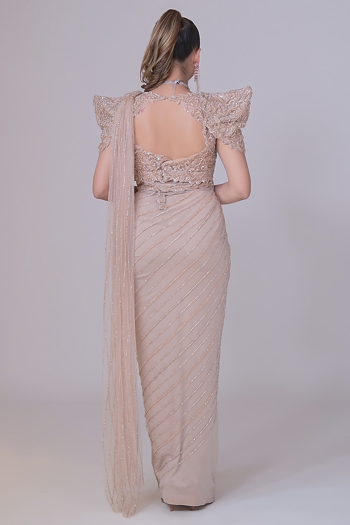 Beige Lycra & Net Cutdana Work Draped Wedding Saree Set by La Pearl at Pernia's Pop Up Shop