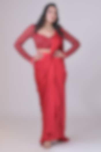 Red Armani Satin Draped Skirt Wedding Saree Set by La Pearl at Pernia's Pop Up Shop