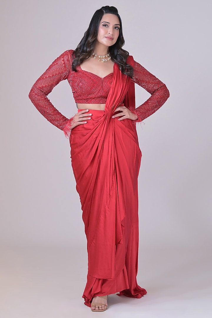Red Armani Satin Draped Skirt Wedding Saree Set by La Pearl at Pernia's Pop Up Shop