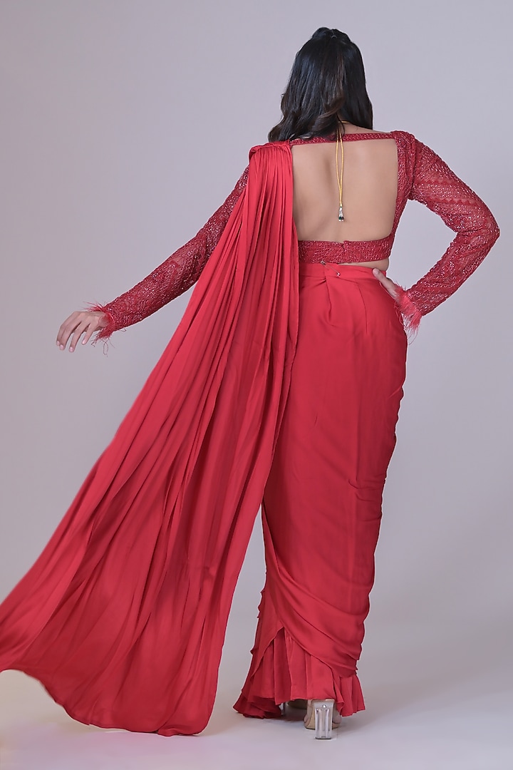 Red Armani Satin Draped Skirt Wedding Saree Set by La Pearl at Pernia's Pop Up Shop