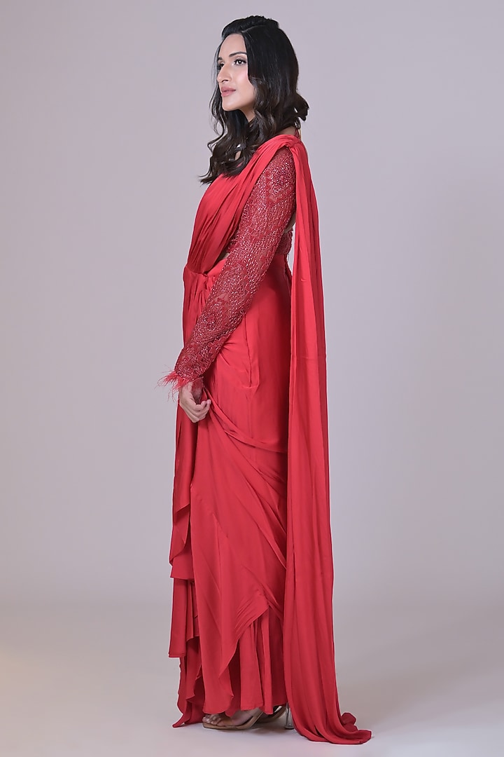 Red Armani Satin Draped Skirt Wedding Saree Set by La Pearl at Pernia's Pop Up Shop
