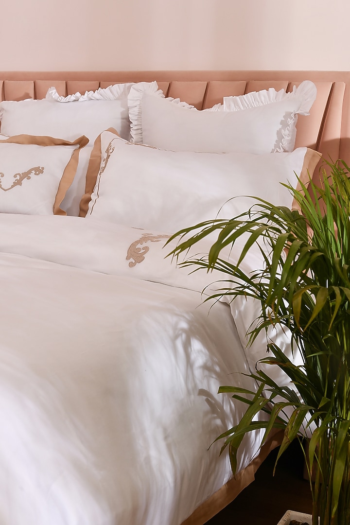 White & Beige Cotton Embroidered Bedsheet Set by La Paloma at Pernia's Pop Up Shop