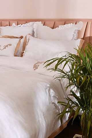 White & Beige Cotton Embroidered Bedsheet Set by La Paloma