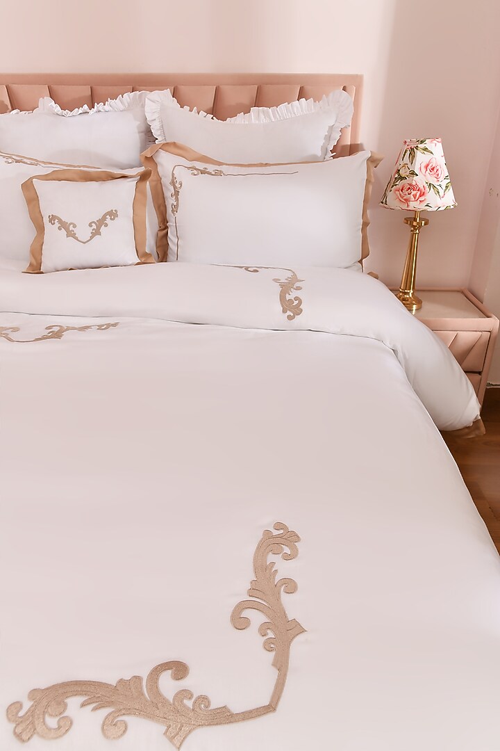 White & Beige Cotton Embroidered Bedsheet Set by La Paloma at Pernia's Pop Up Shop