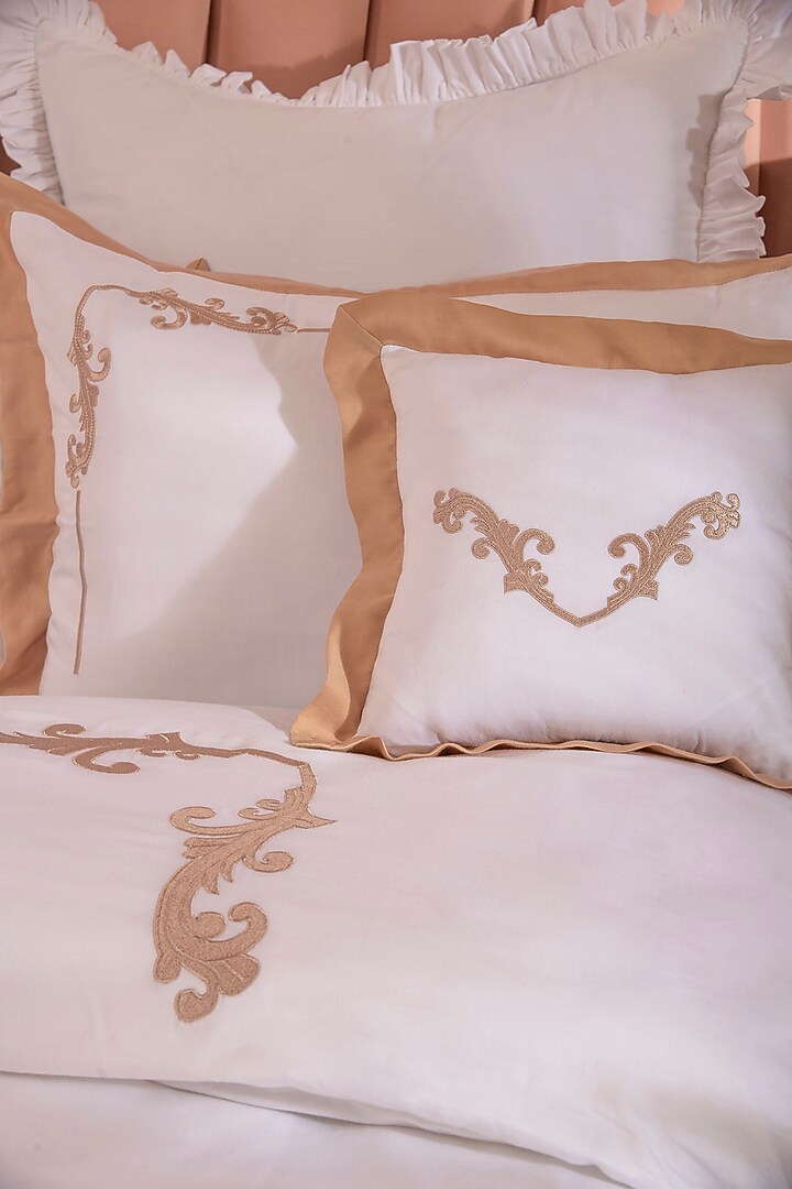 White & Beige Cotton Embroidered Bedsheet Set by La Paloma at Pernia's Pop Up Shop