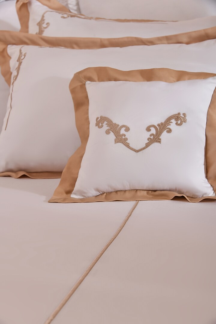 White & Beige Cotton Embroidered Bedsheet Set by La Paloma at Pernia's Pop Up Shop