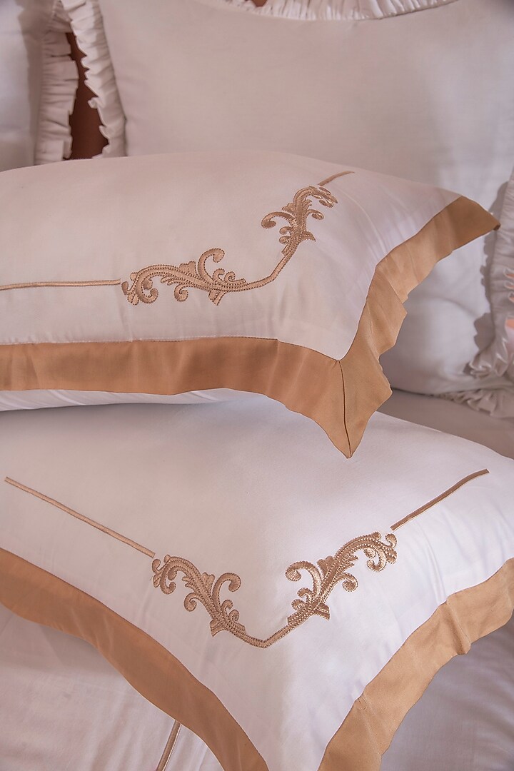 White & Beige Cotton Embroidered Bedsheet Set by La Paloma at Pernia's Pop Up Shop