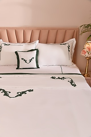 White & Beige Cotton Embroidered Bedsheet Set by La Paloma