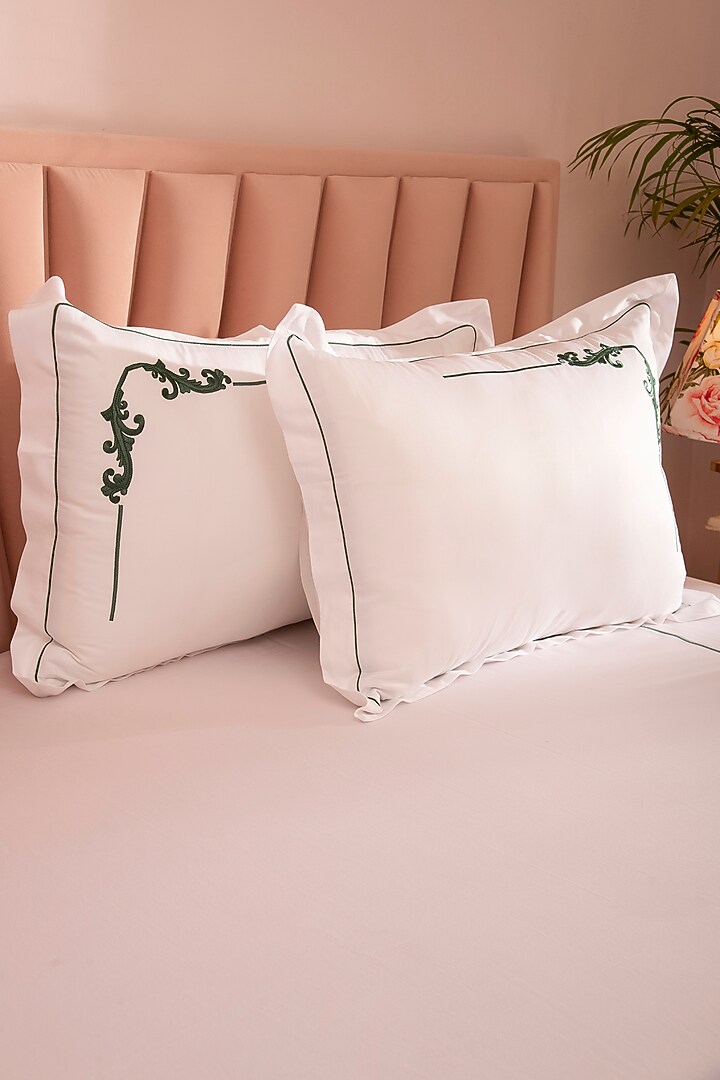 White & Beige Cotton Embroidered Bedsheet Set by La Paloma at Pernia's Pop Up Shop