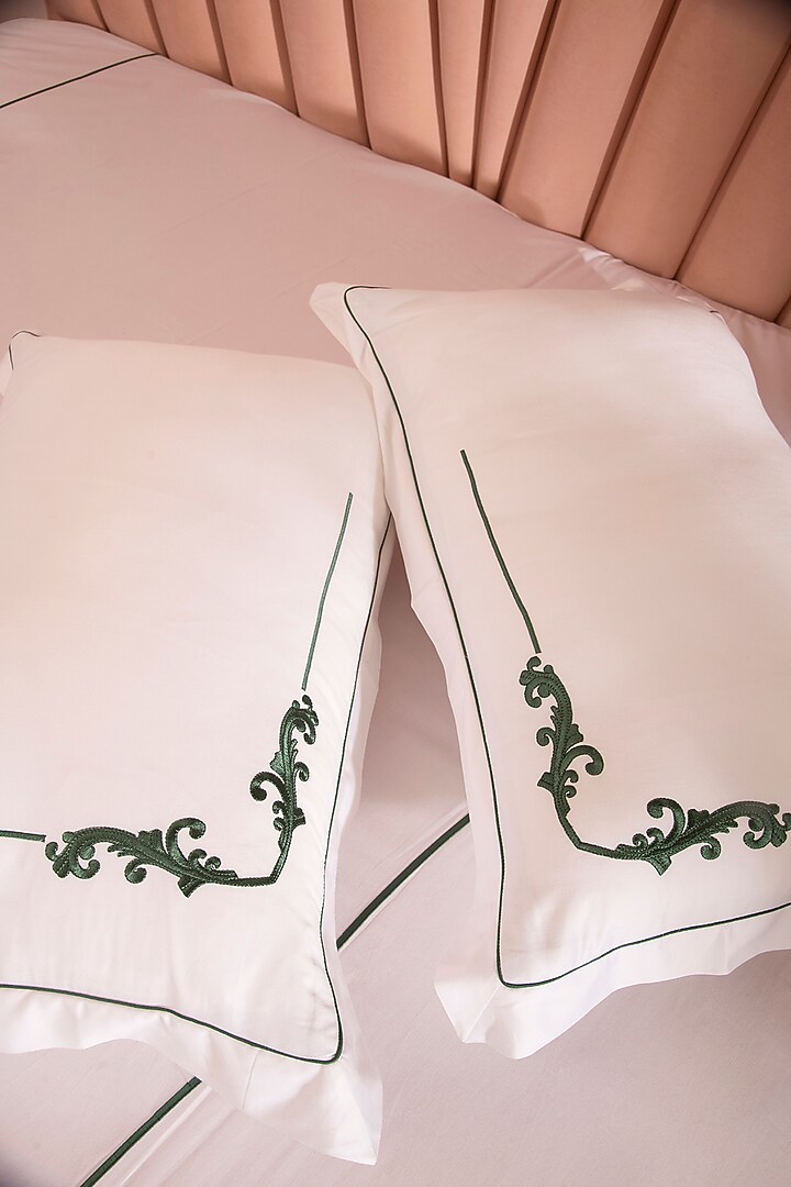 White & Beige Cotton Embroidered Bedsheet Set by La Paloma at Pernia's Pop Up Shop