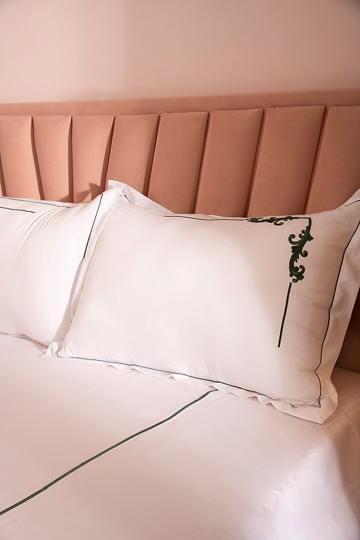 White & Beige Cotton Embroidered Bedsheet Set by La Paloma at Pernia's Pop Up Shop