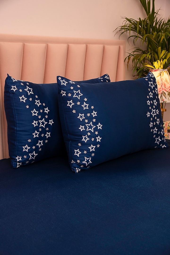 Navy Blue Tencel Embroidered Bedsheet Set by La Paloma at Pernia's Pop Up Shop