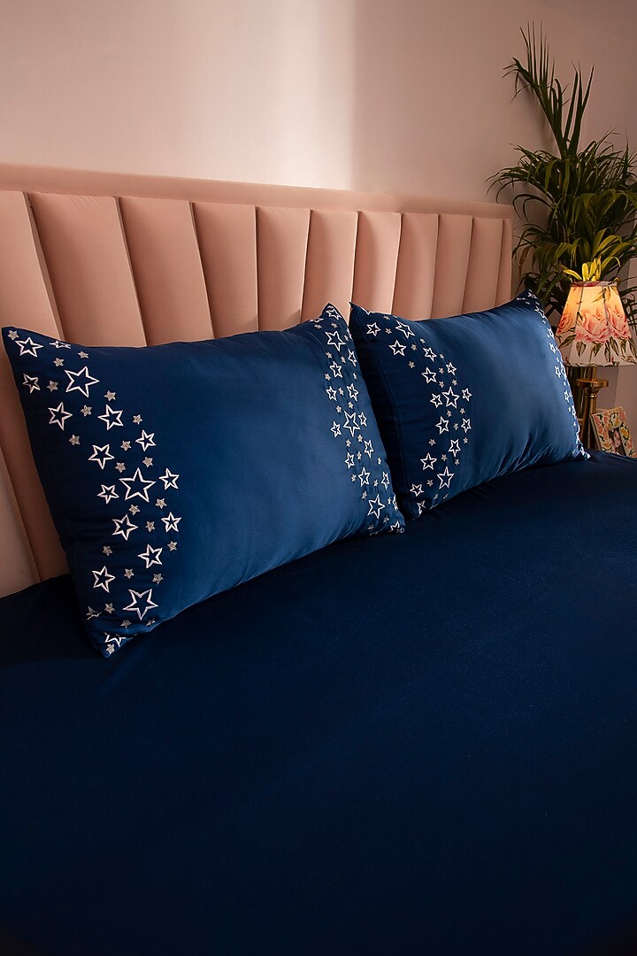 Navy Blue Tencel Embroidered Bedsheet Set by La Paloma at Pernia's Pop Up Shop