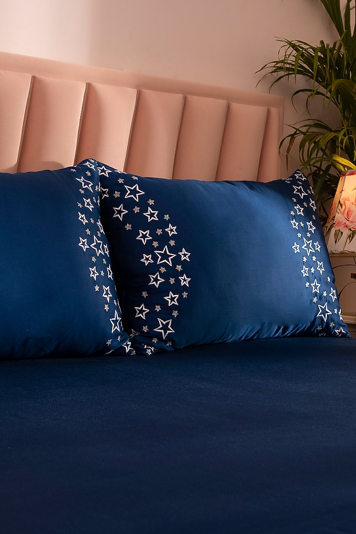 Navy Blue Tencel Embroidered Bedsheet Set by La Paloma at Pernia's Pop Up Shop