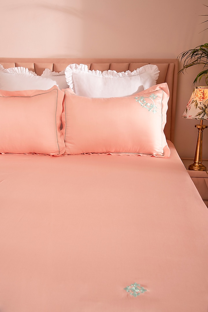 Peach Tencel Embroidered Bedsheet Set by La Paloma