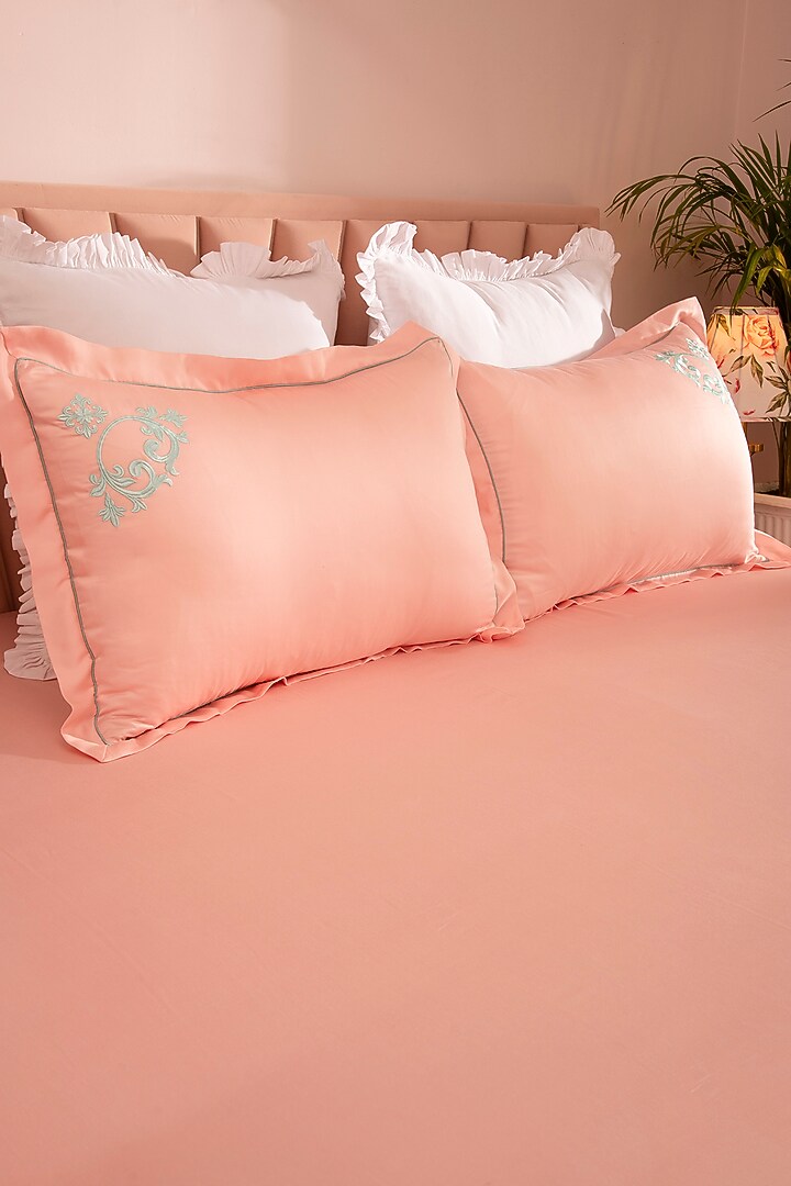 Peach Tencel Embroidered Bedsheet Set by La Paloma at Pernia's Pop Up Shop