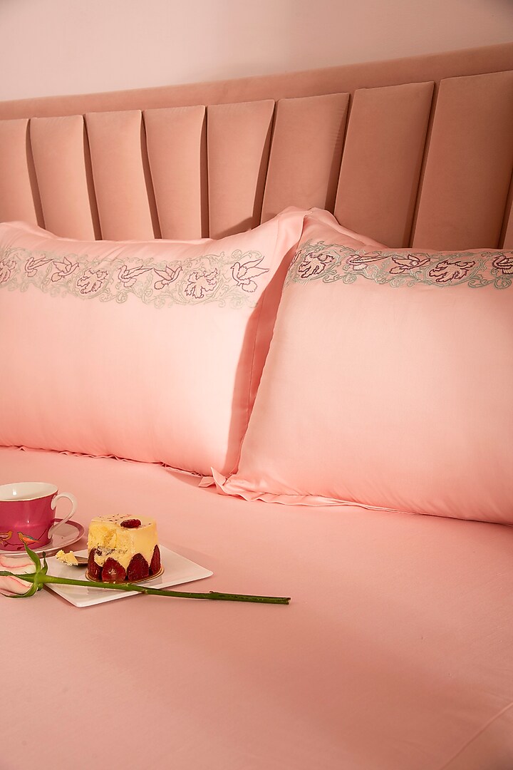 Peach Tencel Embroidered Bedsheet Set by La Paloma at Pernia's Pop Up Shop