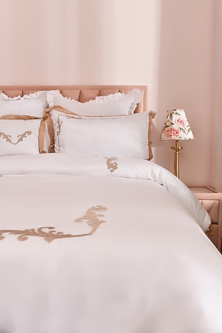 White & Beige Cotton Embroidered Duvet Set by La Paloma